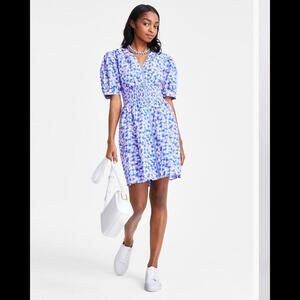 Blue White Floral Mini Dress Sz M Puff Sleeve Zip Front Cottagecore Romantic